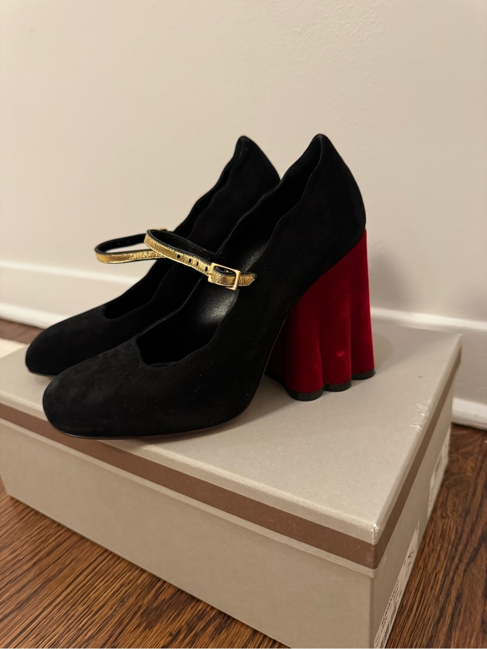 Marni - Black Suede Mary Jane Pumps with Gold Strap and Red Block Heel